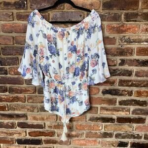 Wishful Thinking Cream Floral Off-The-Shoulder Bell Sleeve Romper Women's Small
